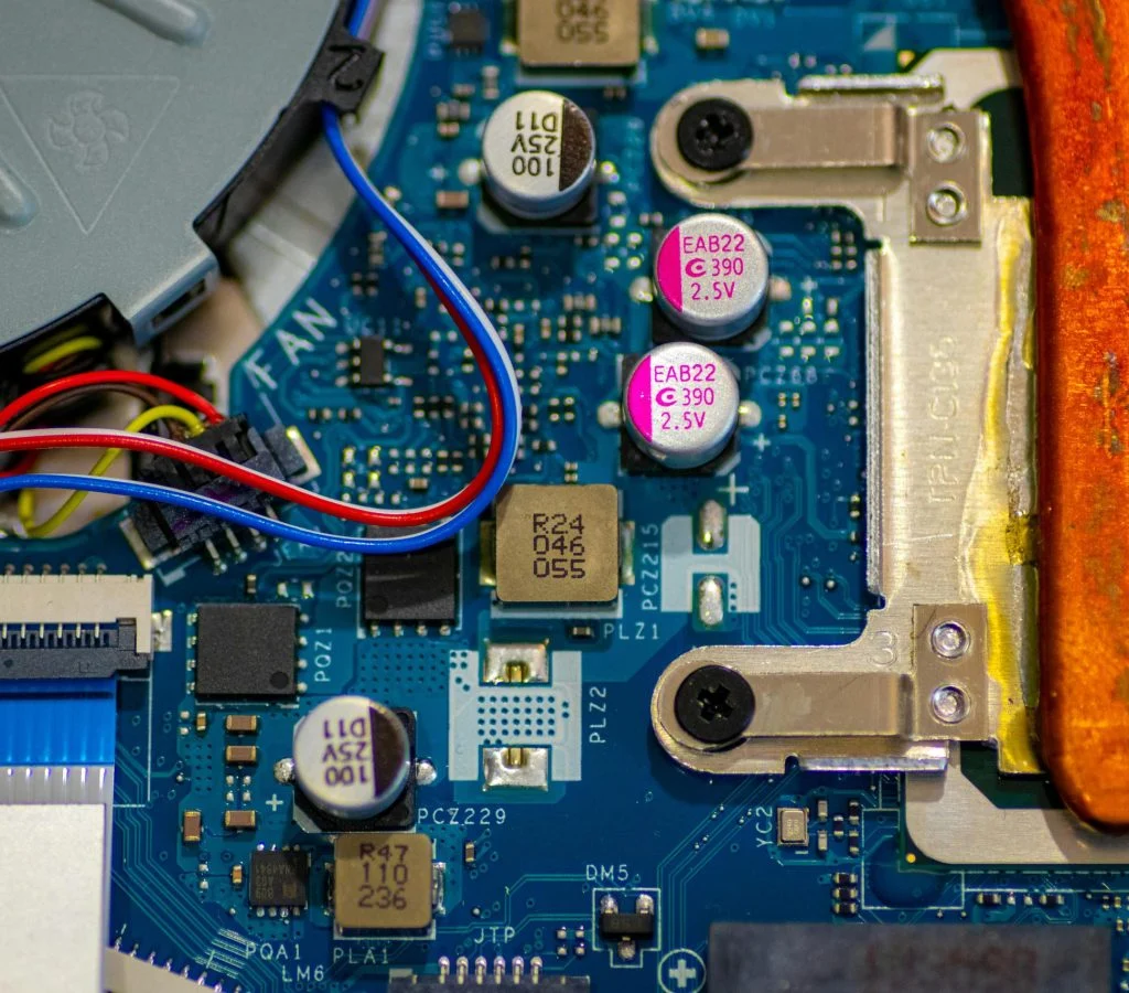 A motherboard with various PC components connected