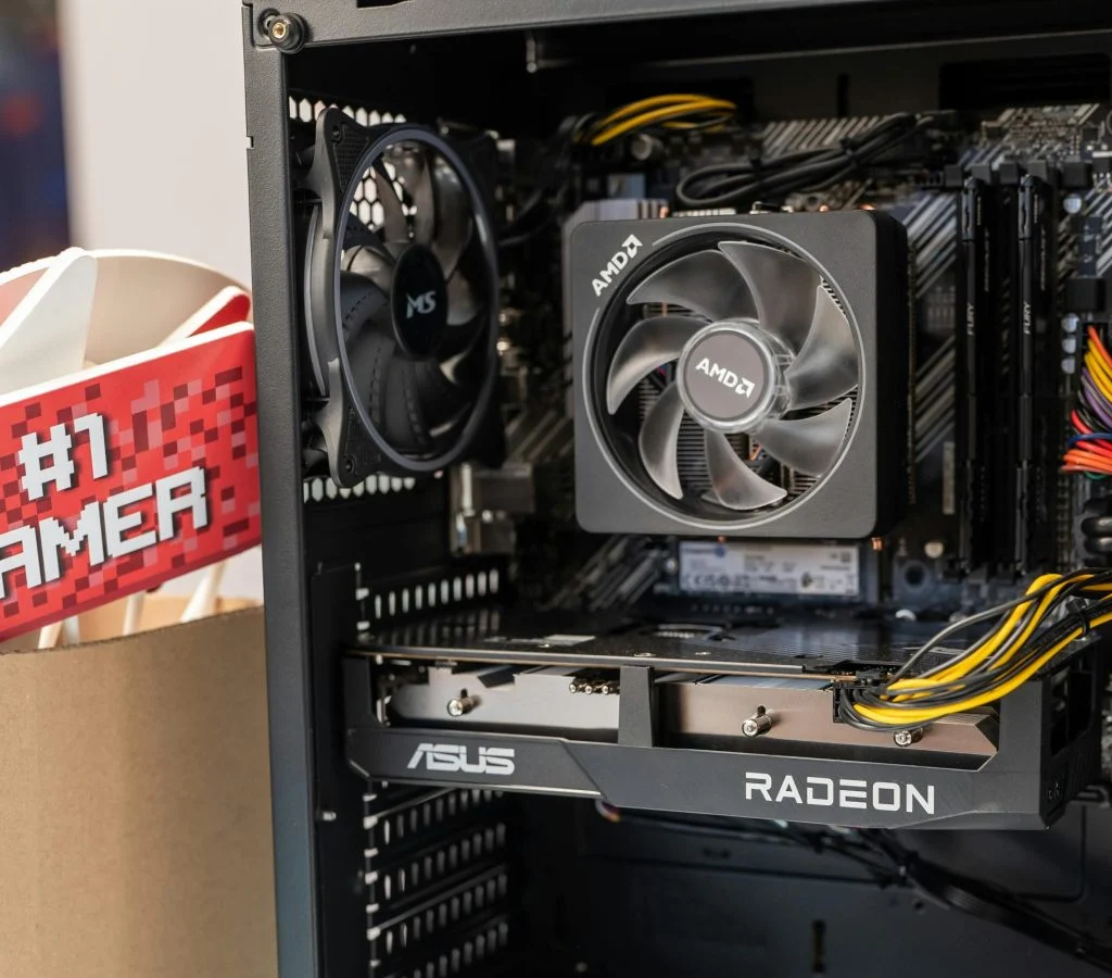 Graphics card gaming setup with monitor and computer