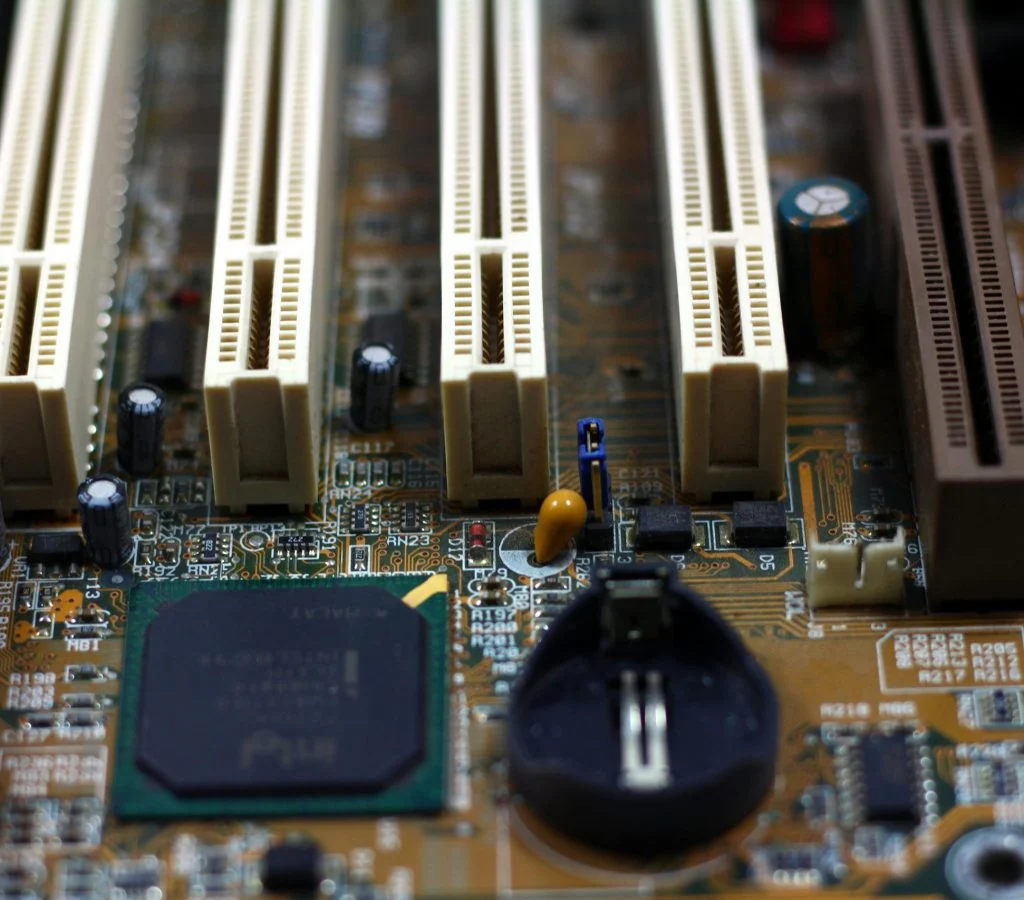 Close-up of a BIOS chip on a computer motherboard