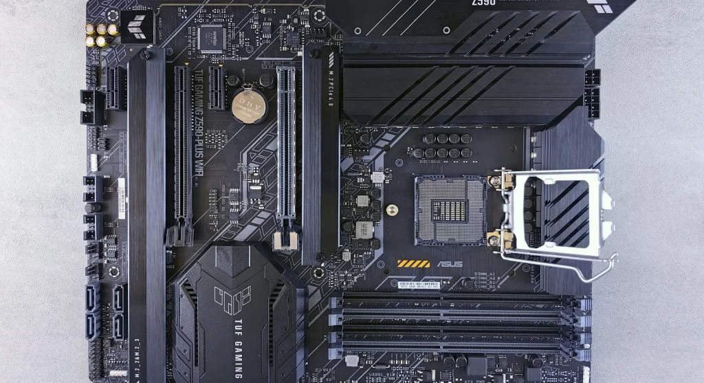 A high-end motherboard with advanced features and sleek design
