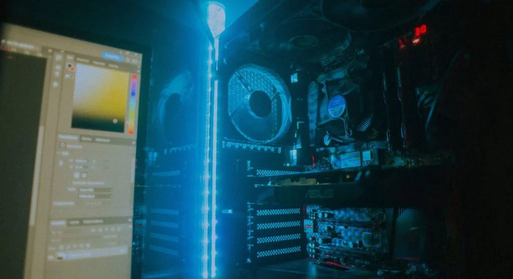 PC case with tempered glass side panel and RGB lighting