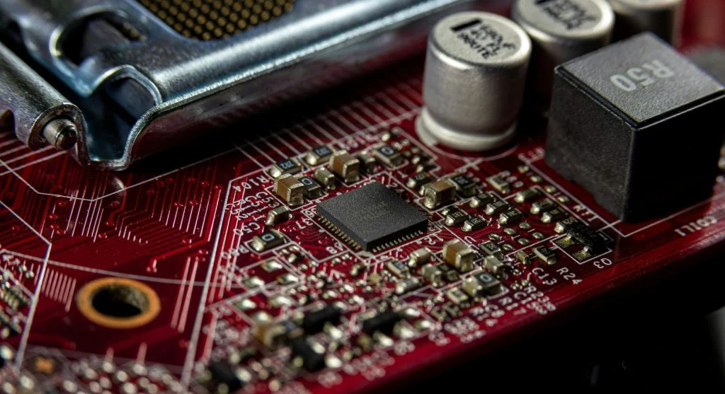A computer motherboard with various components and sockets