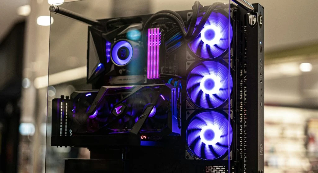 Graphics card gaming setup with monitor and computer